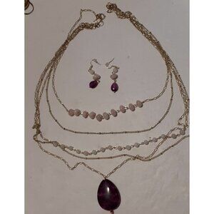 5 handmade layered necklaces with earrings amethyst, moonstone, and rose quartz.